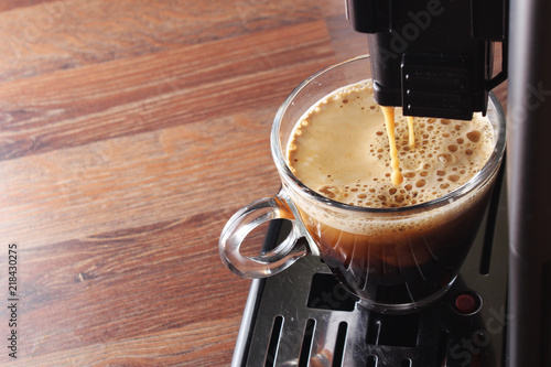 coffee glass espresso coffee machine wooden background