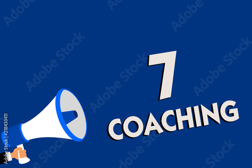 Writing note showing 7 Coaching. Business photo showcasing Refers to a number of figures regarding business to be succesful Man holding megaphone loudspeaker blue background message speaking. photo