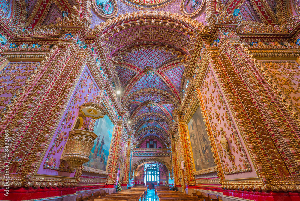 Stunning and colorful interior decor of San Diego temple in Morelia, Michoacan, Mexico