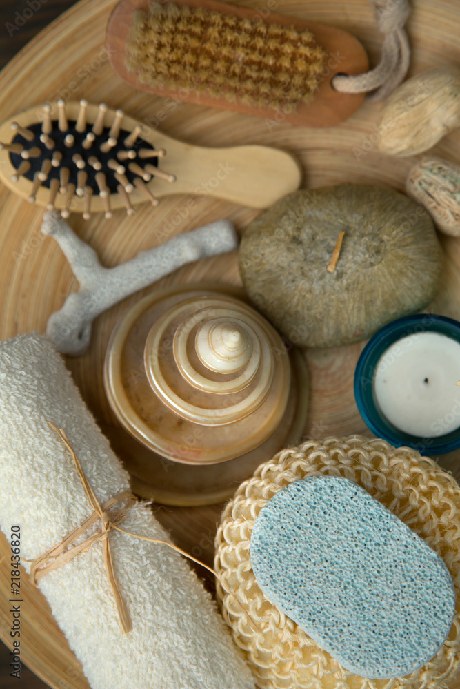 Fototapeta premium Various spa items on a wooden background