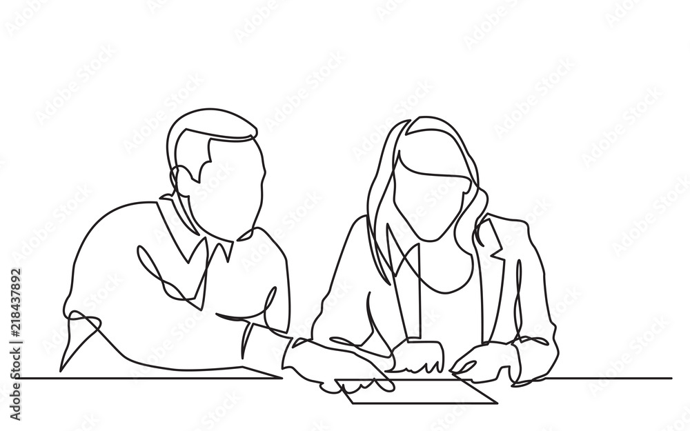 continuous line drawing of man instructing woman on work place continuous line drawing of man instructing woman on work place