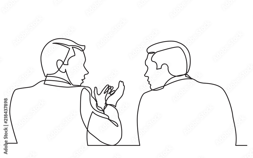 continuous line drawing of two men talking - obrazy, fototapety, plakaty 