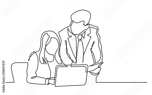 continuous line drawing of boss and employee discussing work task