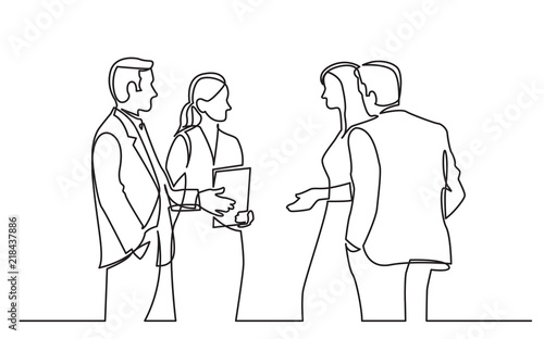 continuous line drawing of standing businee people discussing deal