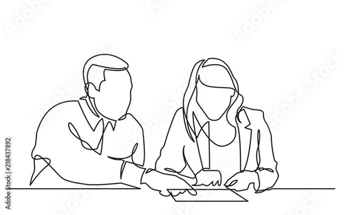 continuous line drawing of man instructing woman on work place