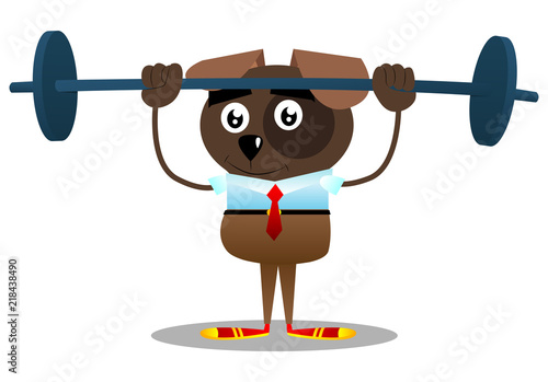 Cartoon illustrated business dog weightlifter lifting barbell.