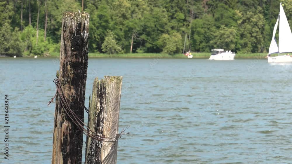 A wooden bridge over the lake. Grass and reeds in the background. Gentle waves. A wooden bridge over the lake. Grass and reeds in the background. Gentle waves.