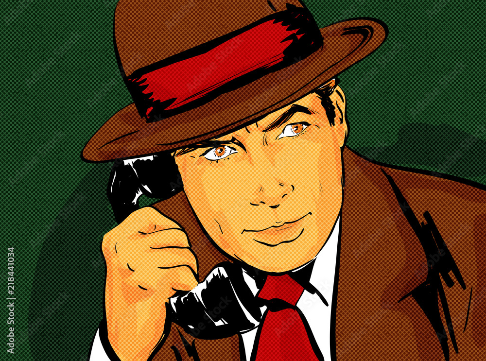 pop art homme chapeau vintage années 50 téléphone, détective,comics Stock  Illustration | Adobe Stock
