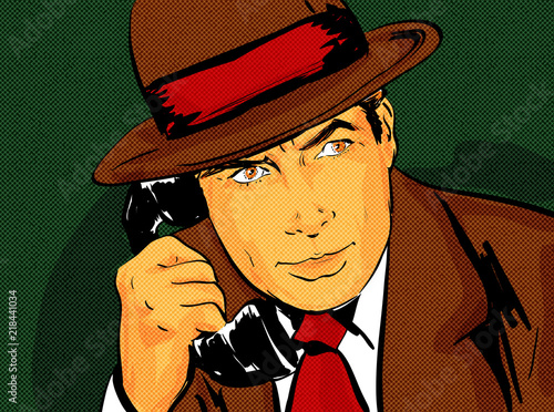 pop art homme chapeau vintage années 50 téléphone, détective,comics