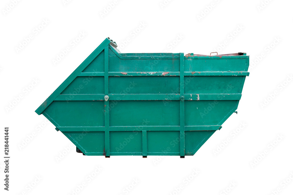 Large old iron trash painted green to prevent rust isolated on white ...