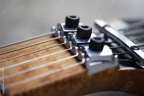 Close-up on locking nut electric guitar with shallow depth of field.