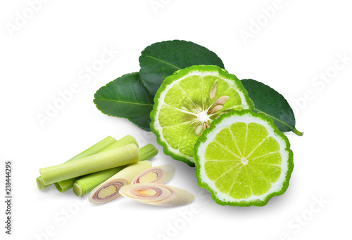 half bergamot, bergamot leaf and sliecd lemongrass  isolated on white background