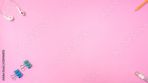crayon color pencil and paper cilp on pink  background. Pastel color Minimal concept Copy space © boyhey