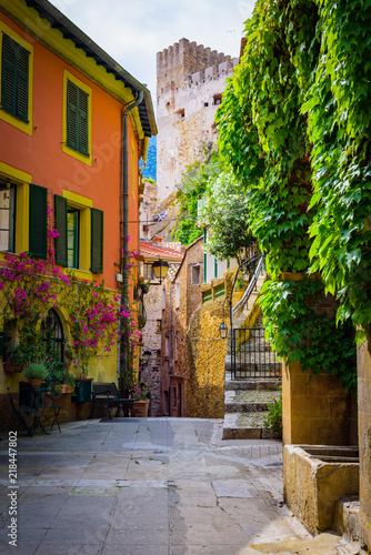 On the streets of a medieval village .Roquebrune-Cap-Martin. French Riviera. Cote d Azur.
