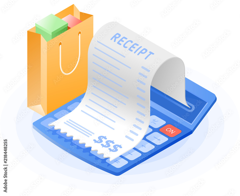 The accountant calculator, paper bill payment, shopping bag. Flat vector  isometric illustration. The web store, shopping, buying and paying, payment  calculation, purchase invoice business concept. Stock Vector | Adobe Stock