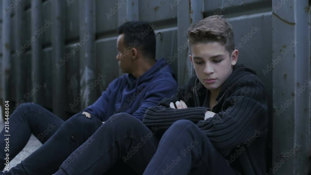 Depressed teenagers escape from orphan home, hiding on backstreet, hopelessness Depressed teenagers escape from orphan home, hiding on backstreet, hopelessness