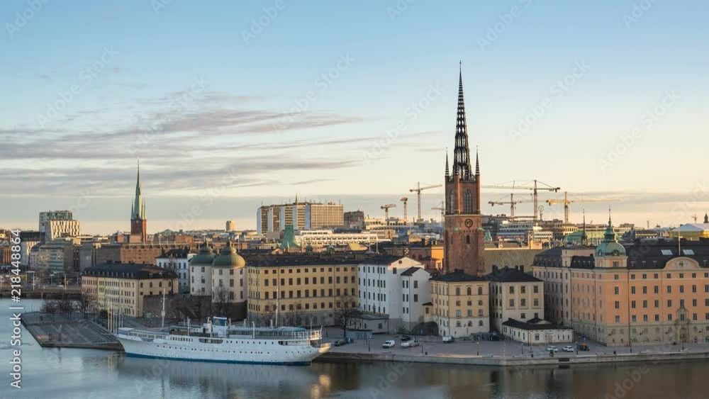 Stockholm Sweden time lapse 4K, city skyline timelapse at City Hall and Gamla Stan Stockholm Sweden time lapse 4K, city skyline timelapse at City Hall and Gamla Stan
