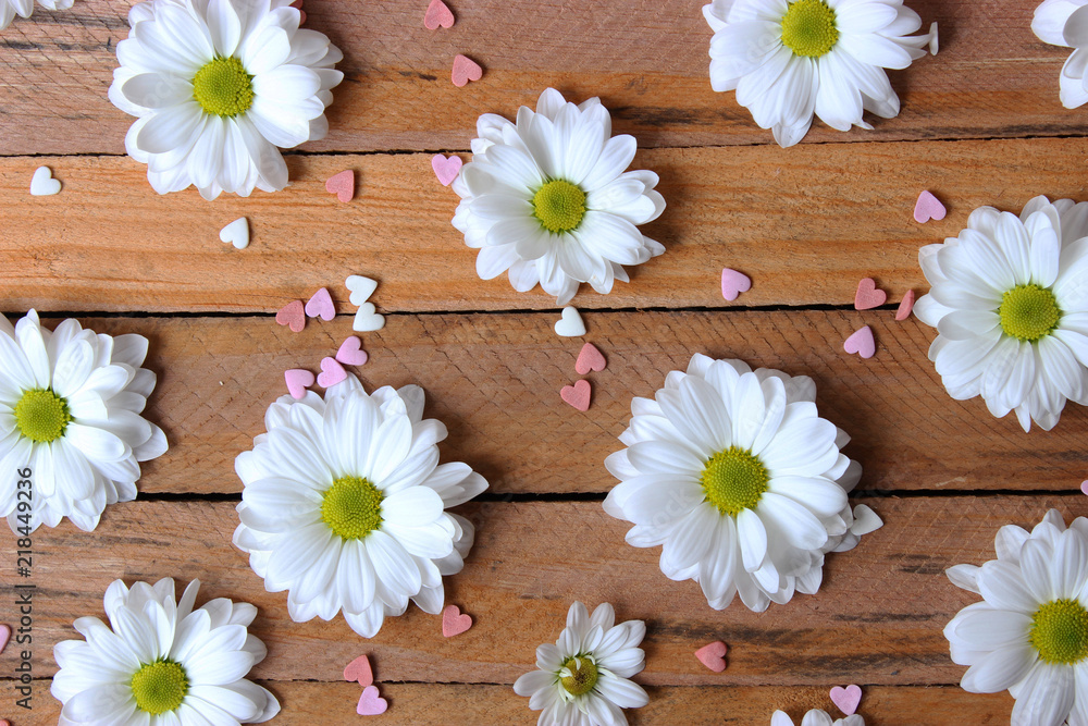 Beautiful flowers with white petals on a wooden background with hearts .March 8.Valentine's Day.Birthday. Beautiful flowers with white petals on a wooden background with hearts .March 8.Valentine's Day.Birthday.