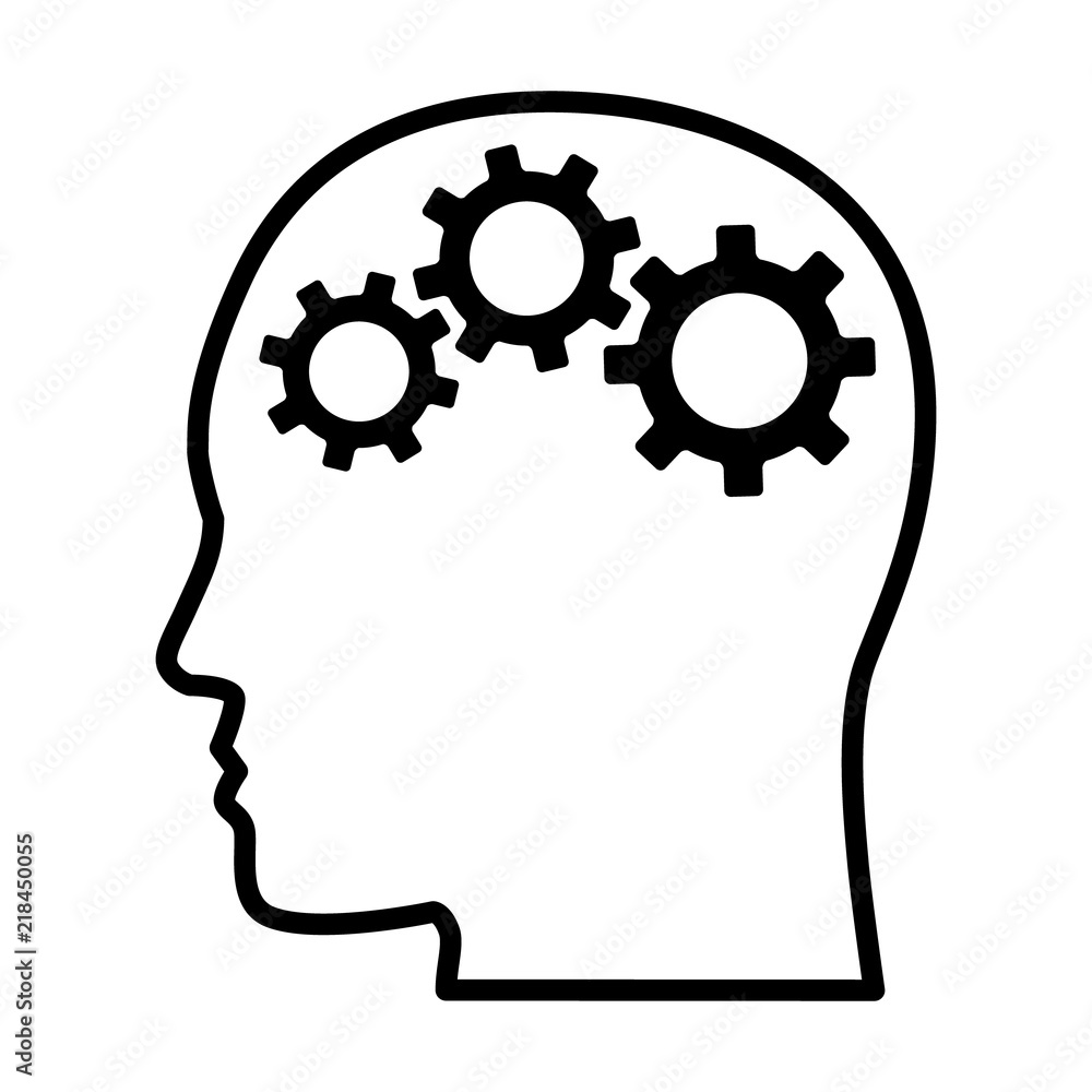 Gears / cogs in head representing critical thinking and intelligent problem solving skills line art vector icon for apps and websites Gears / cogs in head representing critical thinking and intelligent problem solving skills line art vector icon for apps and websites