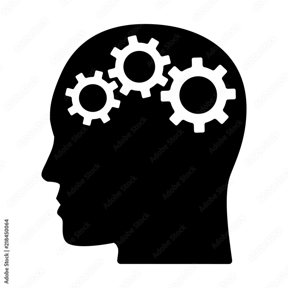 Gears / cogs in head representing critical thinking and intelligent problem solving skills flat vector icon for apps and websites Gears / cogs in head representing critical thinking and intelligent problem solving skills flat vector icon for apps and websites
