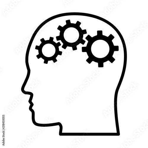 Gears / cogs in head representing critical thinking and intelligent problem solving skills line art vector icon for apps and websites