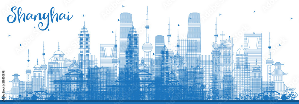 Outline Shanghai Skyline with Blue Buildings.