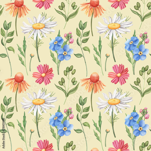 Seamless pattern with wild summer flowers - camomile  cornflower  forget-me-not  cosmos  greenery  watercolour raster illustration on yellow background. Seamless watercolor pattern with wild flowers