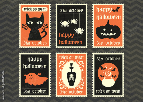 Happy halloween vector greeting card set.