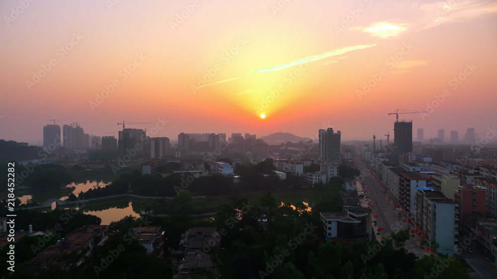 Chinese Modern City Buildings in the Sunset