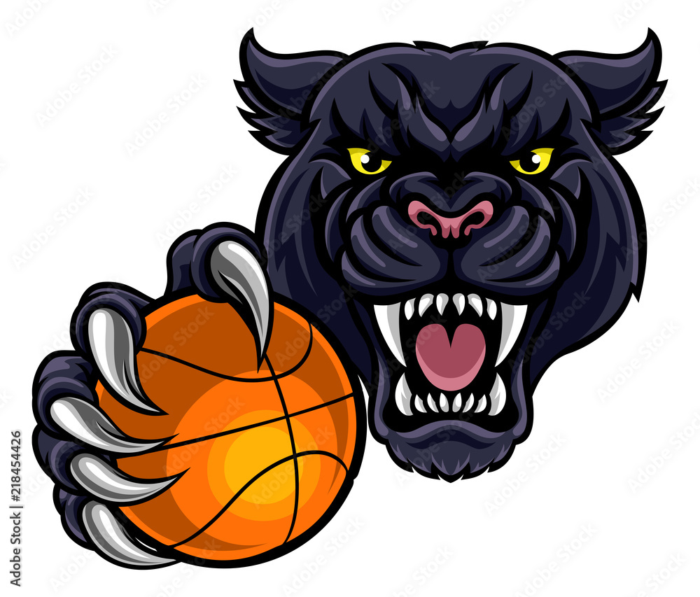 Fototapeta premium Black Panther Holding Basket Ball Mascot