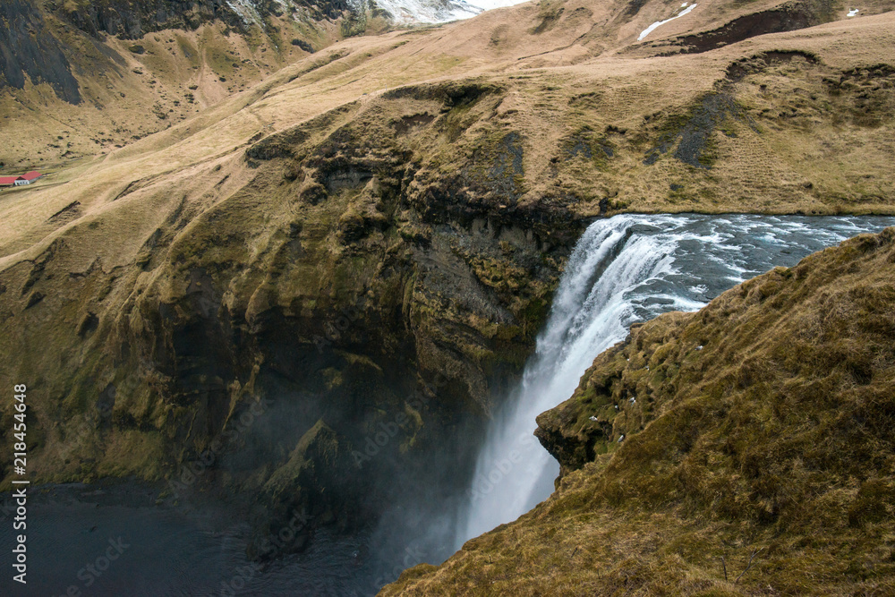 Skogafoss waterfalls view from above from observation platform, it is one of the most tourist attraction place in Iceland.