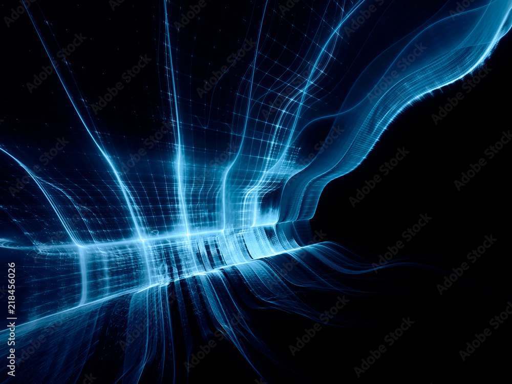 Abstract blue toned background element on black. Dynamic 3d composition of curves and grids. Detailed fractal graphics. Data science and digital technology visualization.