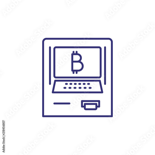 ATM with bitcoin payment line icon. Virtual money cash machine, electronic money, virtual money transaction. Cryptocurrency concept. Illustration, banking, money