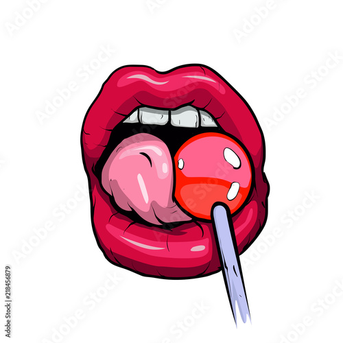 Woman licking lollipop.vector illustration.