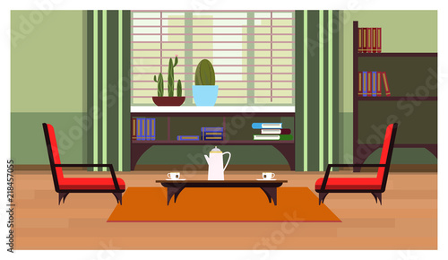 Home interior with coffee table, window and shelves with books vector illustration. Empty apartment view. Home concept. For websites, wallpapers, posters or banners.