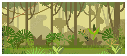 Jungle landscape with trees and plants vector illustration. Tropical forest background. Jungle and nature concept. For websites, wallpapers, posters or banners.