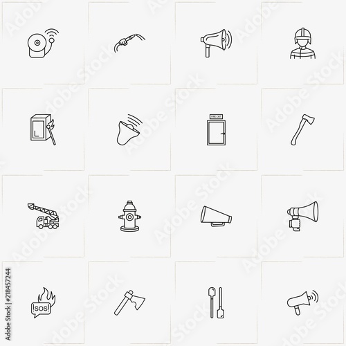 Firefighter line icon set with save our souls , fire shovel  and fireplug