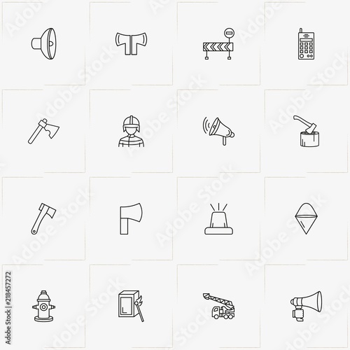 Firefighter line icon set with loudspeaker, fireplug  and matches