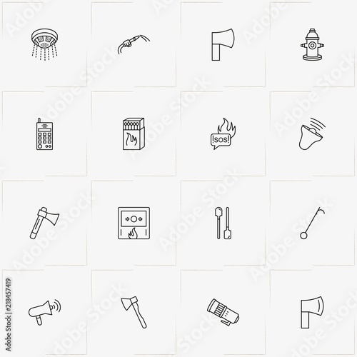 Firefighter line icon set with fireplug , fireman tool and save our souls