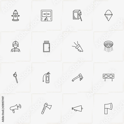 Firefighter line icon set with fire sand bucket , fireplug  and fire alert