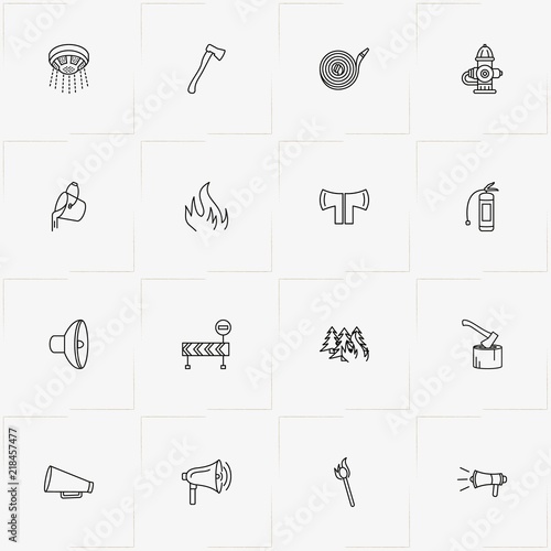 Firefighter line icon set with fireplug , water hose and no entry barrier