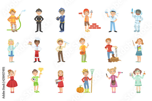 Kids With Their Future Professions Attributes Bright Color Cartoon Simple Style Flat Vector