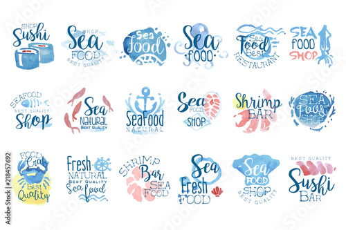 Seafood Cafe Promo Signs Colorful Set Of Watercolor Stylized Logo With Text