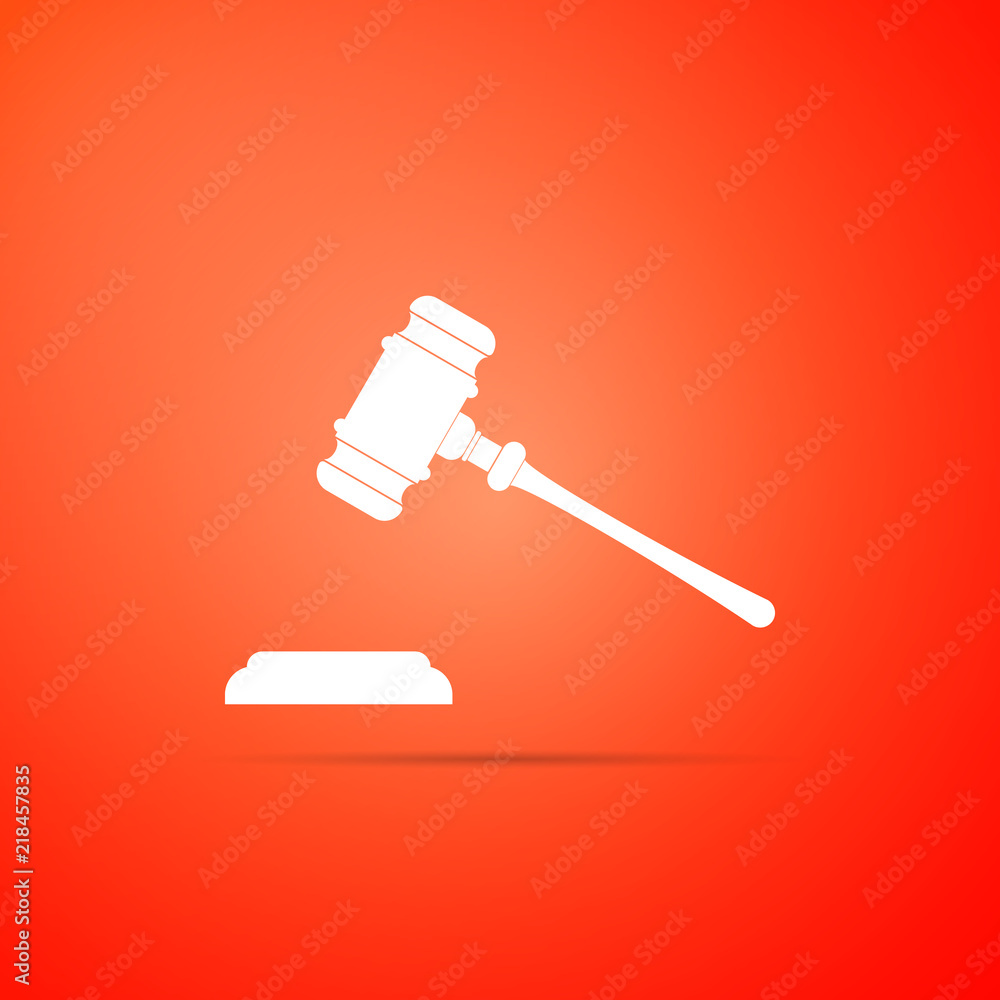 Judge gavel icon isolated on red background. Gavel for adjudication of sentences and bills, court, justice, with a stand. Auction hammer symbol. Flat design. Vector Illustration Judge gavel icon isolated on red background. Gavel for adjudication of sentences and bills, court, justice, with a stand. Auction hammer symbol. Flat design. Vector Illustration