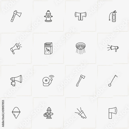 Firefighter line icon set with fire sand bucket , fireplug  and fire extinguisher