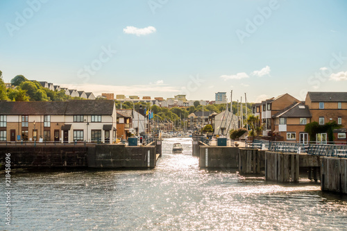 Motorboat coming out of Penarth Marina