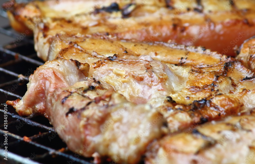 delicious food pork grilling on hot charcoal delicious food pork grilling on hot charcoal