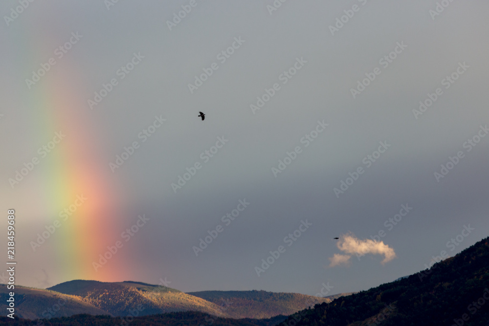Beautiful and surreal view of part of a rainbow over some hills with birds flying