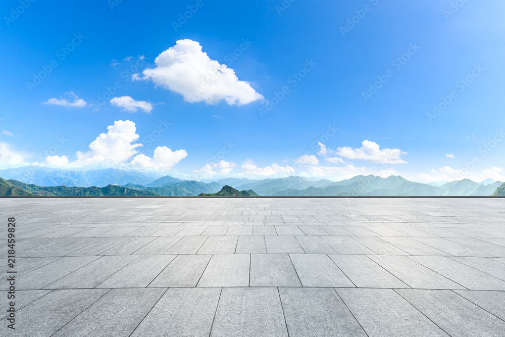 Clean square floor and mountain natural landscape