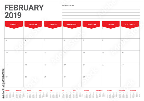 February 2019 desk calendar vector illustration